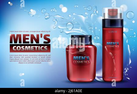 Men Kosmetik, Rasierschaum und After Shave Lotion 3d realistische Vektor-Anzeigen Poster. Körperpflege-Kosmetik-Produkt in roter Flasche auf blauem Hintergrund mit wa Stock Vektor