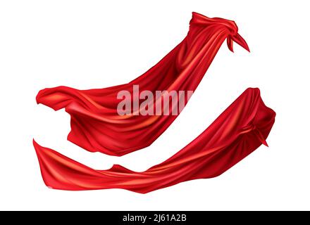 Rote Umhänge Superhelden Kostüm mit Kapuze Set. Seidenmatt schmeichelnde Umhänge Seitenansicht auf verschiedenen Positionen isoliert auf weißem Hintergrund. Karneval, Maskerade Stock Vektor