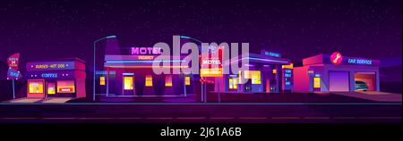 Nachtmotel am Straßenrand mit Parkplatz, Ölstation, Burger- und Kaffeebar und Autoservice, der mit neonvioletten Lichtern leuchtet. Index Billboard 24 Stunden accomm Stock Vektor