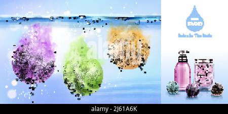Badebomben im Wasser, Beauty-Banner für Wellnesskosmetik, Produkte für die Körperpflege, bunte Kugeln, die in Aqua-, Seifen- und Salzflaschen zischten. Kosmetische Werbung Stock Vektor