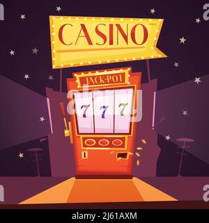 Funkelndes Kasino mit jackpot-Spielautomat flach retro Karikatur-Vektor Abbildung Stock Vektor