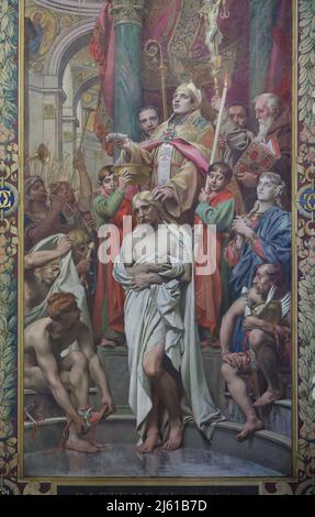 Die Taufe von König Clovis I, dargestellt auf dem Wandgemälde des französischen Malers Paul-Joseph Blanc (1874) im Panthéon in Paris, Frankreich. Stockfoto
