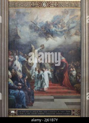 Krönung Karls des Großen, dargestellt in der Wandmalerei des französischen Malers Henri-Léopold Lévy (1874) im Panthéon in Paris, Frankreich. Stockfoto