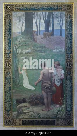 Die Kindheit des Heiligen Genevieve, dargestellt in der Wandmalerei des französischen Symbolisten Pierre Puvis de Chavannes (1877) im Panthéon in Paris, Frankreich. Stockfoto