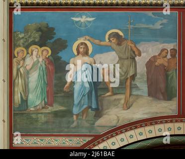 Taufe Jesu durch den heiligen Johannes den Täufer im Jordan. Wandmalerei des französischen Malers Jean-Hippolyte Flandrin (1856-1863) in der Kirche Saint-Germain-des-Prés in Paris, Frankreich. Stockfoto