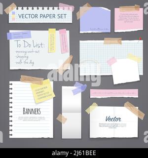 Papier-Banner mit Notizen beigefügt mit bunten Klebestreifen auf grauem Hintergrund isoliert realistische Vektor-illustration Stock Vektor