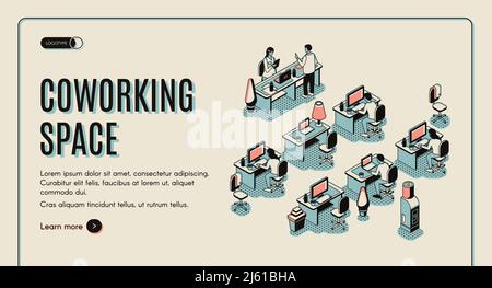 Coworking Space isometrische Landing Page. Bürozentrum mit Mitarbeitern, die an Schreibtischen mit Computern sitzen. Teamarbeit, freiberufliche 3d-Vektordarstellung Stock Vektor