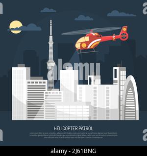 Red Patrol Hubschrauber fliegen über Stadt in Nachthimmel mit mond und Wolken auf Wolkenkratzer Silhouetten Hintergrund flache Vektor-Illustration Stock Vektor