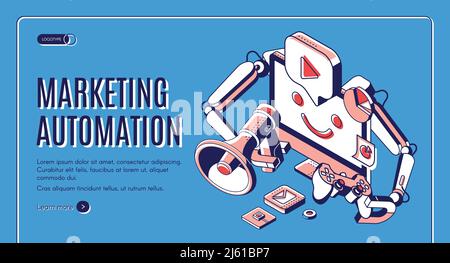 Marketing Automation isometrisches Webbanner. Technologie für SEO, Internet, digitale Unternehmensinhalte. Computer mit Roboterhänden, die Megaphon und Freude halten Stock Vektor