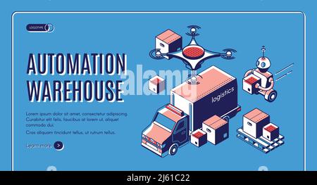 Automatisierte Landing Page für Lagerlogistik mit Robotern, die Boxen in Lieferwagen und fliegende Quadcopter-Drohne laden. Robotersystem-Fulfillment-Konzept Stock Vektor