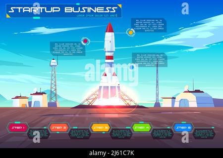 Start Unternehmen Startup Cartoon Vektor-Banner, Poster. Raumschiff, Raketenstart von der Startrampe Abbildung. Geschäftsprojekt planen, entwickeln Stock Vektor