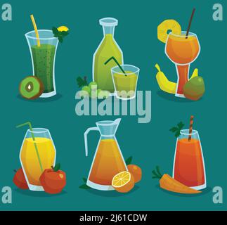 Dekorative Ikonen Set aus Krug und Gläsern mit frischem Saft Und Früchte in Cartoon-Stil isoliert Vektor-Illustration gemacht Stock Vektor