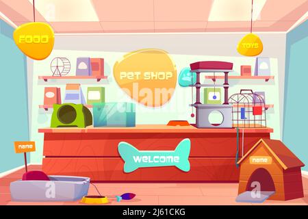 Haustiergeschäft, Haustiergeschäft mit Theke, Zubehör, Lebensmittel, Katzen- und Hundehäuser, Spielzeug, Medikamente auf Regalen. Innenansicht von Petshop su Stock Vektor