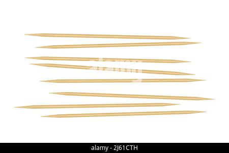 Zahnstocher aus Holz. Scharfe Bambusstäbchen für Zähne. Holzspieß mit spitzer Spitze. Einweg Bambus dünnen langen Spieß. Realistische Vektordarstellung Stock Vektor