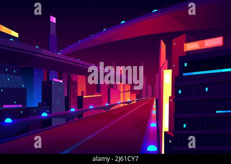 Nächtliche Stadtstraße, leere Straßenlandschaft Autobahn, Geschwindigkeit zweispurige Autobahn, Überführung oder Brücke in der Metropole. Verkehrsnetz-Infrastruktur mit städtischen Skys Stock Vektor