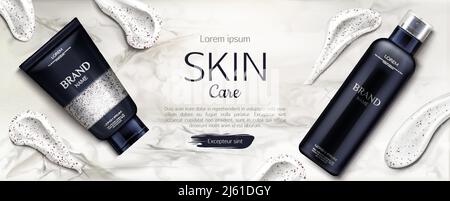 Kosmetikflaschen Hautpflege Mockup, Beauty-Produktlinie mit Creme Schmieren Pinselstriche auf Marmor Hintergrund. Kosmetische Peeling- und Schaumstoffröhrchen Verpackung A Stock Vektor