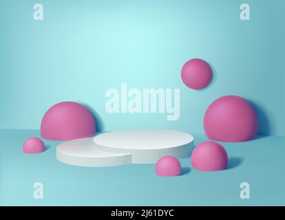 3D realistischer Vektorhintergrund. Beauty weißen Stand mit rosa Kugeln um. Kosmetische und Produktdarstellung. Stock Vektor