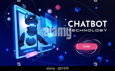 Chatbot Technologie Service Cartoon Vektor Web-Banner, Landing-Page-Vorlage. Künstlicher Intelligenzbot, virtueller Assistent, der Fragen beantwortet, commu Stock Vektor