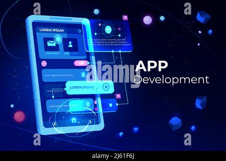 Banner für die App-Entwicklung, adaptives Layout-Anwendungswebinterface auf Smartphone-Touchscreen, Anwendersoftware API-Prototyping, Tests, neon leuchtendes Bac Stock Vektor