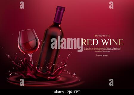 Rotwein-Flasche und Glasmockup. Geschlossene leere Flasche und Weinglas Nachbildung mit Alkohol Wein Getränk auf burgundischen flüssigen Spritzern und Tröpfchen ad promo b Stock Vektor