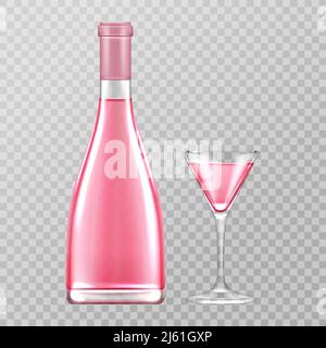 Pinke Champagnerflasche und Glas, rosafarbener Sekt isoliert auf transparentem Hintergrund, leere Flasche mit Alkoholgetränk, Designelement für Getränkewerbung Stock Vektor