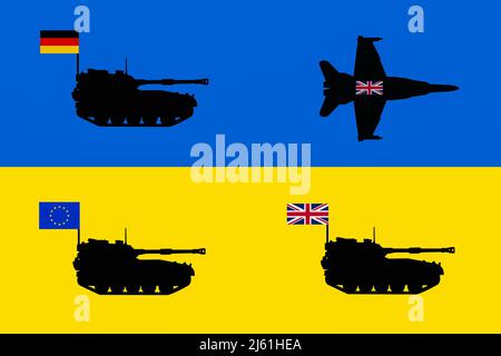 Flagge der Ukraine mit Panzern und Flugzeugen mit, Flaggen des Vereinigten Königreichs, Deutschlands und der Europäischen Union. Russland Ukraine Krieg, militärische Hilfe, Panzer... Konzept Stockfoto