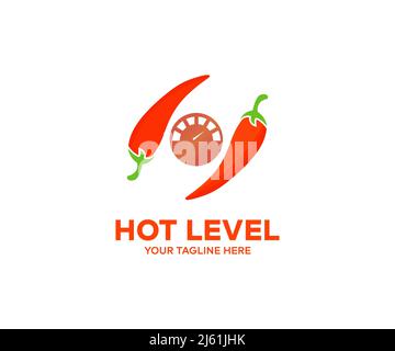 Rotes Chilischote, scharfer Füllstand, Cayenne, Jalapeno, Habanero-Logo in heißem Orange. Zwei rote Chilischoten Vektor-Design und Illustration. Stock Vektor