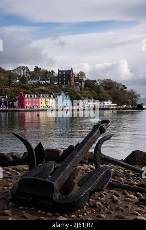 Der wunderschöne Hafen von Tobermory auf der Insel Mull mit seinen pastellfarbenen Häusern entlang der Strandpromenade ist zu jeder Jahreszeit ein Genuss Stockfoto
