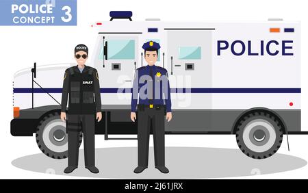 Detaillierte Illustration von Polizeiwagen, SWAT-Offizier und Polizist in flachem Stil auf weißem Hintergrund. Stock Vektor