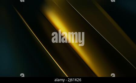 Schwarz und Gold verschwommener abstrakter Hintergrund. Unschärfes Hintergrundbild von Goldbarren. Dunkles, luxuriöses geometrisches Designelement. Goldene glänzende Linien Stockfoto