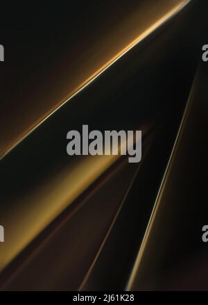 Schwarz und Gold verschwommener abstrakter Hintergrund. Unschärfes Hintergrundbild von Goldbarren. Dunkles, luxuriöses geometrisches Designelement. Goldene glänzende Linien Stockfoto