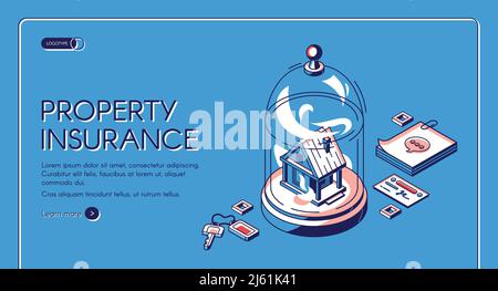 Isometrische Landing Page der Sachversicherung. Immobiliengebäude stehen unter einer Glaskuppel mit Schlüsseln, Notizen und Visitenkarte. Hausunfallschutz ser Stock Vektor