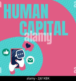 Handschriftentext Humankapital. Konzeptfoto Immaterielle kollektive Ressourcen Kompetenz Kapital Bildung Hand Holding Mobile Phone Pressing Stockfoto
