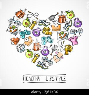 Fitness Diät Training Sport Übung gesunde Lebensweise farbige Skizze Poster Vektor Illustration. Stock Vektor