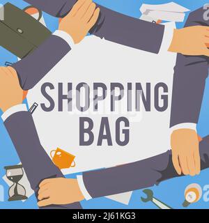 Textschild, das den Warenkorb anzeigt. Wort für Behälter für das Tragen von persönlichem Besitz oder Einkäufe vier Hände Zeichnung Arm zusammen zeigen Stockfoto