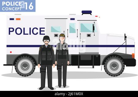 Detaillierte Illustration von Polizeiwagen, SWAT-Offizier, Polizistin und Polizist in flachem Stil auf weißem Hintergrund. Stock Vektor