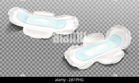Sanitärservietten isoliert auf transparentem Hintergrund. Feminine hygienische Pads mit Flügeln und weicher Baumwollstruktur, Schutzprodukt Mockup für Frauen pe Stock Vektor