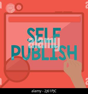 Konzeptionelle Anzeige Selbstveröffentlichung. Wort geschrieben auf veröffentlichte Arbeit unabhängig und auf eigene Kosten Indie Author Hand mit Big Tablet Suchpläne Stockfoto