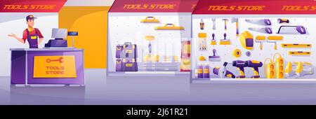 Werkzeugladen, Eisenwarenbau Ladeninnenraum mit Verkaufsstand auf dem Counter-Schreibtisch, in dem Vitrinen mit diy-Instrumenten auf Regalen für carpentr präsentiert werden Stock Vektor