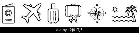 Satz von Symbolen für die Fahrlinie. Enthält Symbole wie Gepäck, Reisepass, Flugzeug, Kompass und Strand. Vektordarstellung auf weißem Hintergrund isoliert Stock Vektor