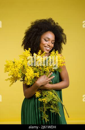 Lächelnde junge Frau, die einen Haufen Mimosen vor gelbem Hintergrund hält Stockfoto