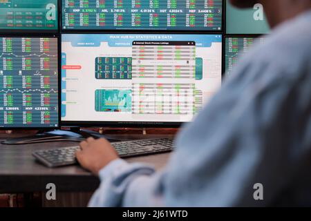 Nahaufnahme eines professionellen Forex-Aktienhändlers, der an einem Multi-Monitor-Arbeitsplatz sitzt und Echtzeitdaten überprüft. Maklerfirma Finanzberater im Büro während der Analyse Live-Grafik. Stockfoto