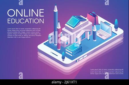 Online-Bildungsvektor Illustration von Fernstudien von Universitäts- oder Hochschulinternet-Kursen. Studieren Sie die Technologie der isometrischen Schulbücher im Computer Stock Vektor