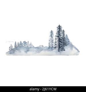 Winterwald und Berge, Aquarell Cliparts auf weißem Hintergrund. Aquarelldarstellung. Stockfoto