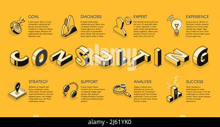 Business Consulting Services Line Art, isometrisches Vektor-Banner. Fachkundige Unterstützung bei der Finanzanalyse, dem Management und dem strategischen Planungskonzept. Inv Stock Vektor