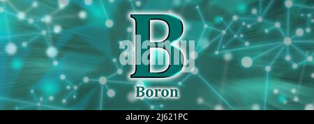 B-Symbol. Bor-chemisches Element auf grünem Netzwerkhintergrund Stockfoto