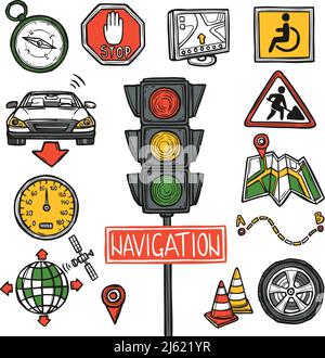 Navigation gps-Position und Geographie Position dekorative Symbole Skizze gesetzt Isolierte Vektordarstellung Stock Vektor