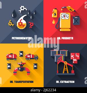 Petroleum Design-Konzept mit Petrochemie Öl Produkte Transport und Abzugsflachsymbole isolierte Vektordarstellung Stock Vektor