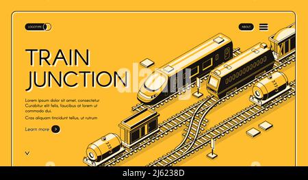 Zugkreuzung, Verkehrsknoten isometrisches Vektor-Webbanner mit Personen- und Güterzügen mit Waggons auf Eisenbahnstrecken konvergieren, Linienkunst illustratio Stock Vektor