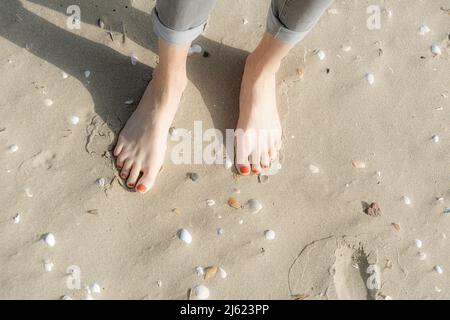 Frau, die barfuß auf Sand mit Muscheln am Strand steht Stockfoto